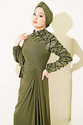 Tek Kol Pul Payet Detaylı Abiye Elbise Haki - Elbise