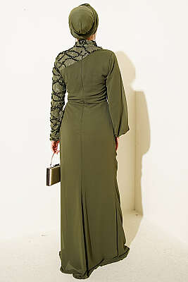 Tek Kol Pul Payet Detaylı Abiye Elbise Haki - Elbise