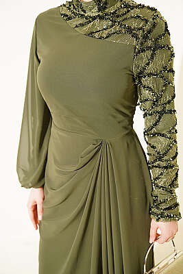 Tek Kol Pul Payet Detaylı Abiye Elbise Haki - Elbise