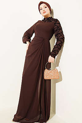 Tek Kol Pul Payet Detaylı Abiye Elbise Kahve - CNR TEKSTİL