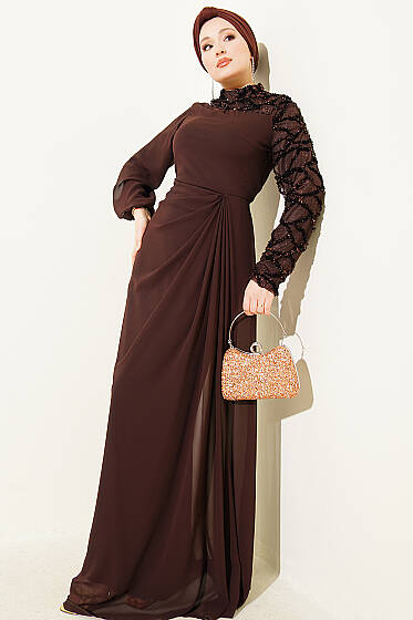 Tek Kol Pul Payet Detaylı Abiye Elbise Kahve - Elbise