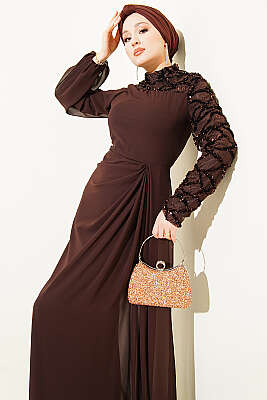 Tek Kol Pul Payet Detaylı Abiye Elbise Kahve - Elbise