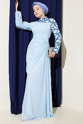 Tek Kol Pul Payet Detaylı Abiye Elbise Mavi - CNR TEKSTİL