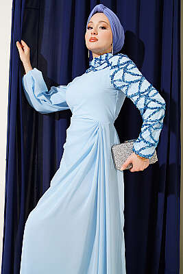 Tek Kol Pul Payet Detaylı Abiye Elbise Mavi - Elbise