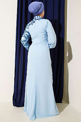 Tek Kol Pul Payet Detaylı Abiye Elbise Mavi - Elbise