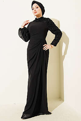 Tek Kol Pul Payet Detaylı Abiye Elbise Siyah - CNR TEKSTİL