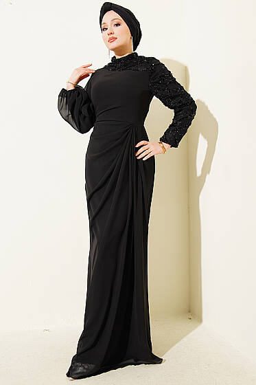 Tek Kol Pul Payet Detaylı Abiye Elbise Siyah - Elbise