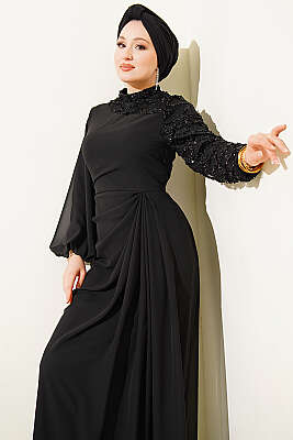 Tek Kol Pul Payet Detaylı Abiye Elbise Siyah - Elbise