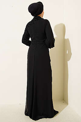 Tek Kol Pul Payet Detaylı Abiye Elbise Siyah - Elbise