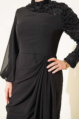 Tek Kol Pul Payet Detaylı Abiye Elbise Siyah - Elbise