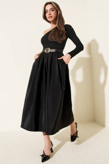 Tek Kollu Kemerli Paraşüt Midi Elbise Siyah - Kadın Giyim Modelleri