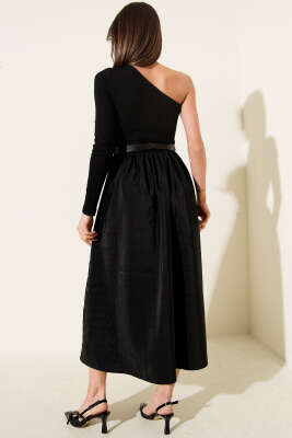 Tek Kollu Kemerli Paraşüt Midi Elbise Siyah - Kadın Giyim Modelleri