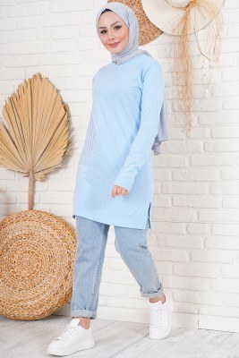 Tek Kolu Pitikare Mavi Tunik - Uzun Tunik