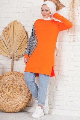 Tek Kolu Pitikare Oranj Tunik - Uzun Tunik