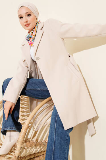 Tek Omuz Apoletli Düğme Detaylı Kaşe Kaban Bej - Kaban
