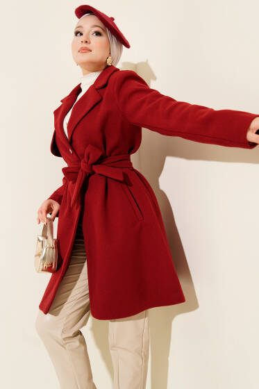 Tek Omuz Apoletli Düğme Detaylı Kaşe Kaban Bordo - Kaban