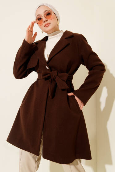 Tek Omuz Apoletli Düğme Detaylı Kaşe Kaban Kahve - Kaban