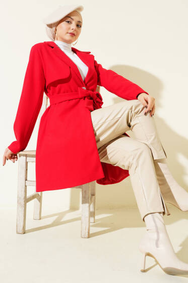 Tek Omuz Apoletli Düğme Detaylı Kaşe Kaban Kırmızı - Kaban