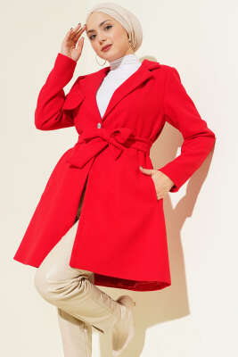 Tek Omuz Apoletli Düğme Detaylı Kaşe Kaban Kırmızı - Kaban