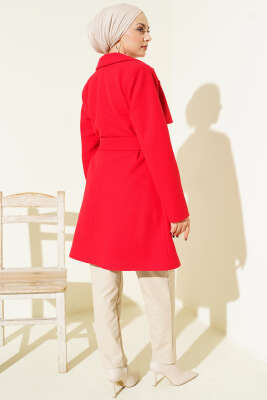 Tek Omuz Apoletli Düğme Detaylı Kaşe Kaban Kırmızı - Kaban