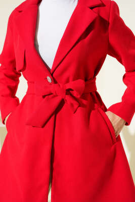 Tek Omuz Apoletli Düğme Detaylı Kaşe Kaban Kırmızı - Kaban