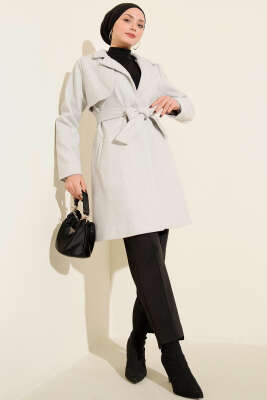 Tek Omuz Apoletli Düğme Detaylı Kaşe Kaban Melanj Gri - Kaban