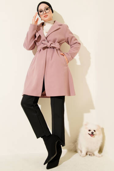 Tek Omuz Apoletli Düğme Detaylı Kaşe Kaban Pudra - Kaban
