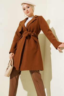 Tek Omuz Apoletli Düğme Detaylı Kaşe Kaban Taba - BERAT TEKSTİL