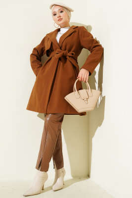 Tek Omuz Apoletli Düğme Detaylı Kaşe Kaban Taba - Kaban