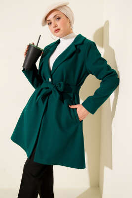 Tek Omuz Apoletli Düğme Detaylı Kaşe Kaban Zümrüt 