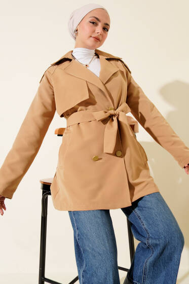 Tek Omuz Apoletli Düğmeli Trençkot Camel - Trençkot