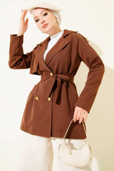 Tek Omuz Apoletli Düğmeli Trençkot Kahve - Trençkot