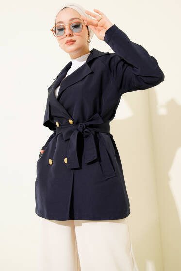 Tek Omuz Apoletli Düğmeli Trençkot Lacivert - Trençkot