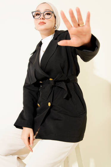 Tek Omuz Apoletli Düğmeli Trençkot Siyah - Trençkot