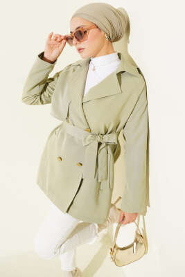 Tek Omuz Apoletli Düğmeli Trençkot Su Yeşili - BERAT TEKSTİL