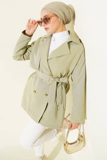 Tek Omuz Apoletli Düğmeli Trençkot Su Yeşili - Trençkot