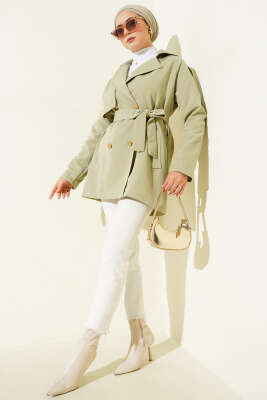 Tek Omuz Apoletli Düğmeli Trençkot Su Yeşili - Trençkot