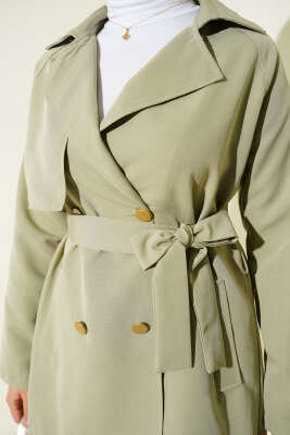 Tek Omuz Apoletli Düğmeli Trençkot Su Yeşili - Trençkot