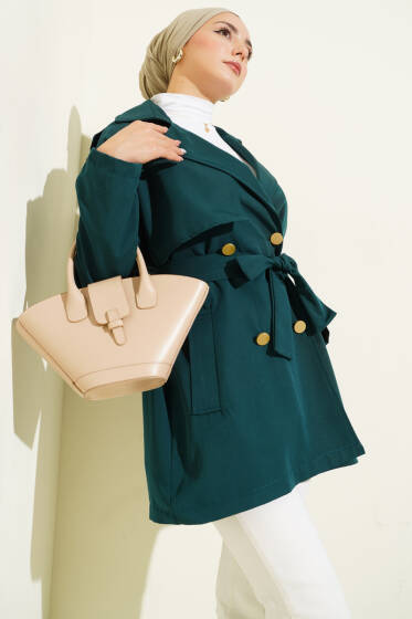 Tek Omuz Apoletli Düğmeli Trençkot Zümrüt - Trençkot