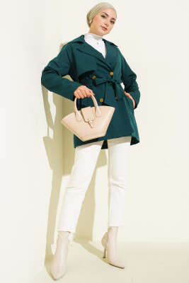 Tek Omuz Apoletli Düğmeli Trençkot Zümrüt - Trençkot