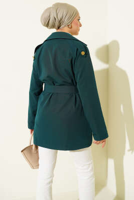 Tek Omuz Apoletli Düğmeli Trençkot Zümrüt - Trençkot