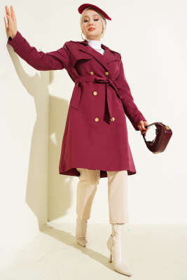 Tek Omuz Apoletli Kruvaze Trençkot Bordo 