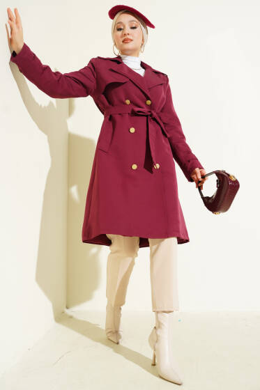 Tek Omuz Apoletli Kruvaze Trençkot Bordo - Trençkot