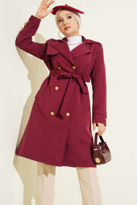 Tek Omuz Apoletli Kruvaze Trençkot Bordo - Trençkot