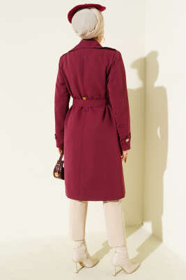 Tek Omuz Apoletli Kruvaze Trençkot Bordo - Trençkot