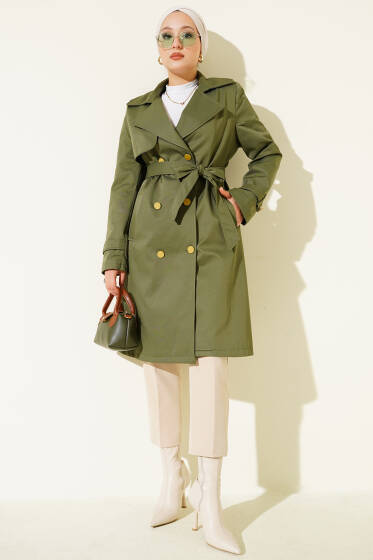 Tek Omuz Apoletli Kruvaze Trençkot Haki - Trençkot