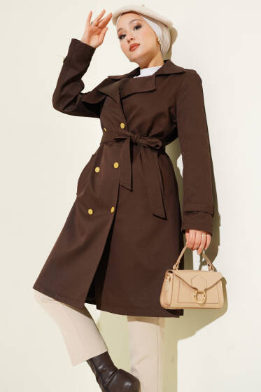 Tek Omuz Apoletli Kruvaze Trençkot Kahve - Trençkot