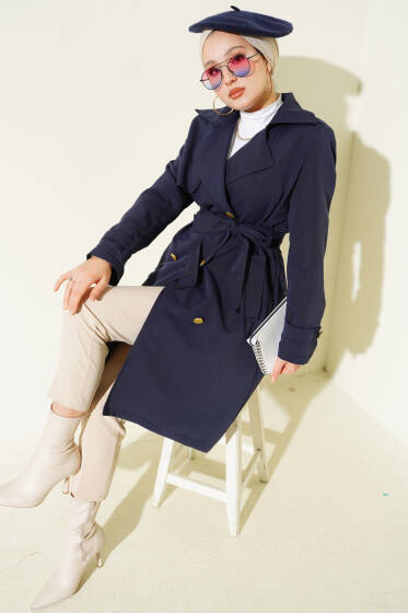 Tek Omuz Apoletli Kruvaze Trençkot Lacivert - Trençkot