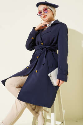 Tek Omuz Apoletli Kruvaze Trençkot Lacivert - Trençkot