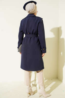 Tek Omuz Apoletli Kruvaze Trençkot Lacivert - Trençkot